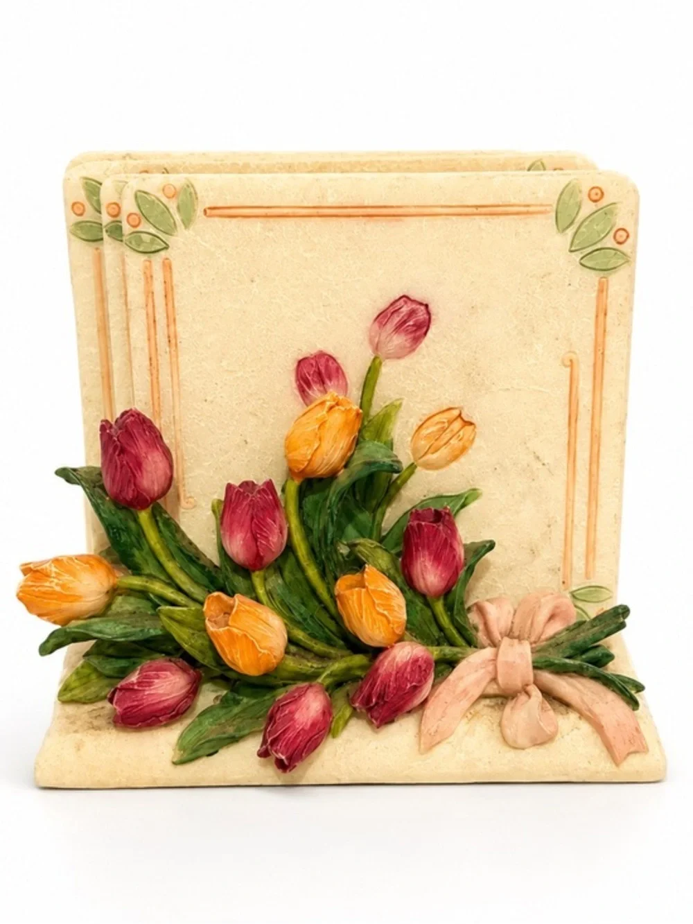 Vintage A. Richesco Hand Painted Tulip Cork Back Coaster Set of 4 with Holder 💕